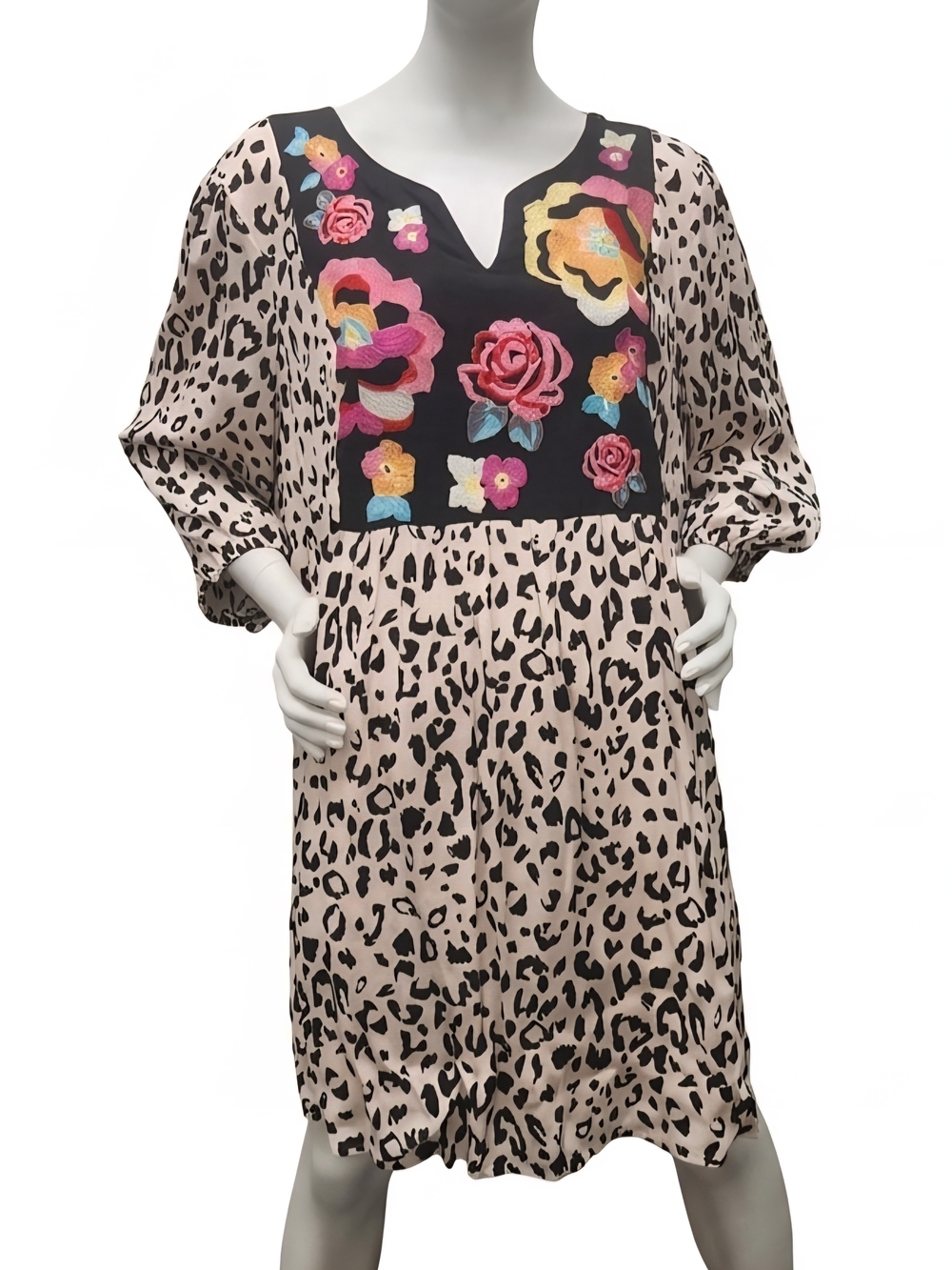 Savanna Jane Beige Leopard-Print Midi Dress with Black Floral Yoke